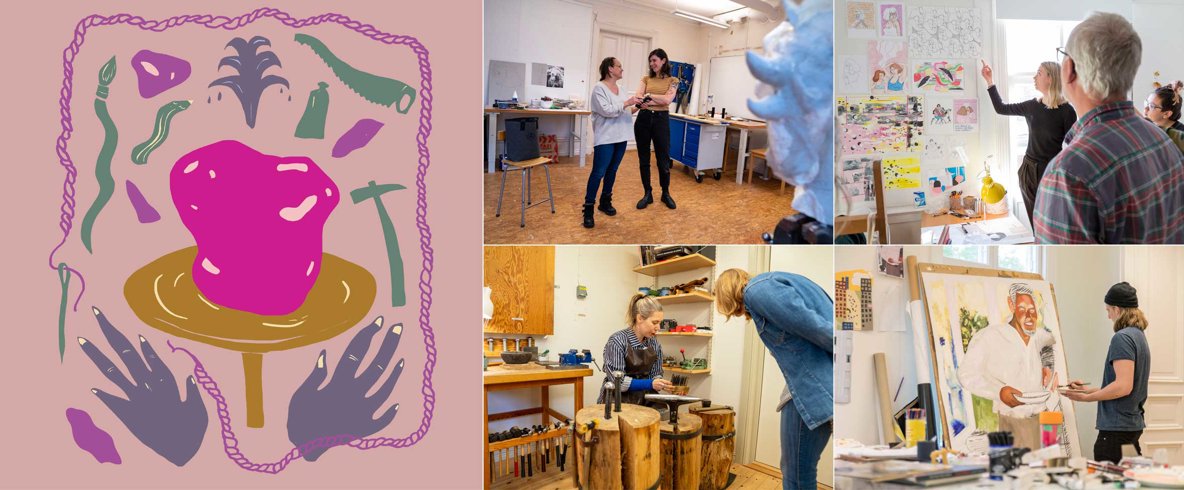 Till vänster grafiskt tryck med händer och verktyg på skärt botten. Till höger fyra bilder från verkstäder och ateljéer.