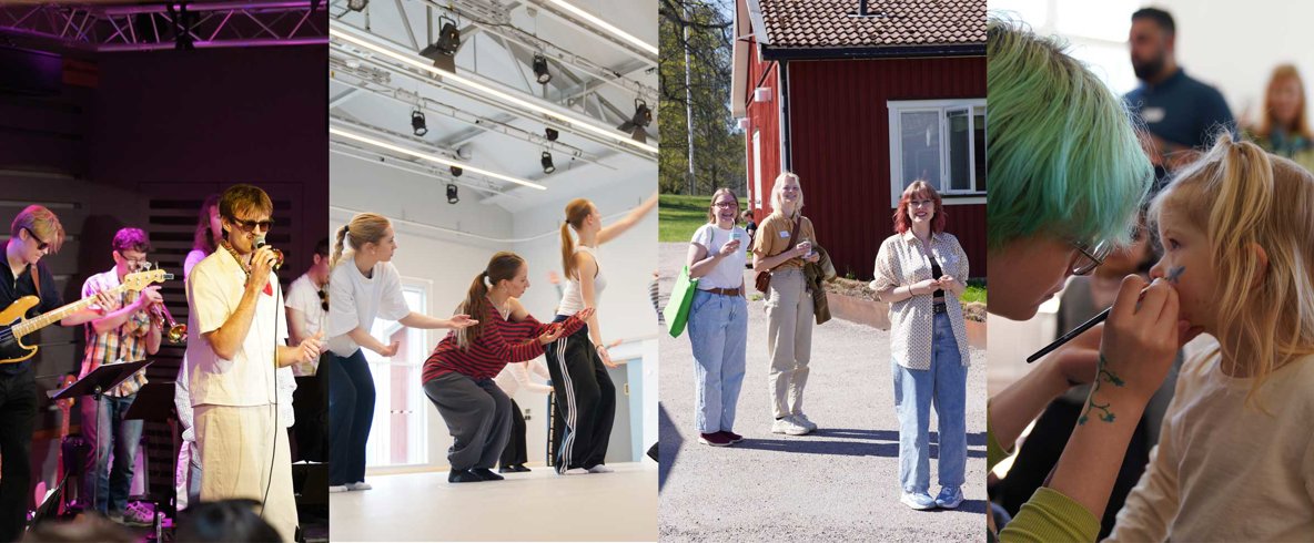 Fyra bilder från vänster: band på scen, tre kvinnor gör danskoreografi i stor ljus danssal, tre glada kvinnor utomhus, liten flicka får ansiktsmålning.
