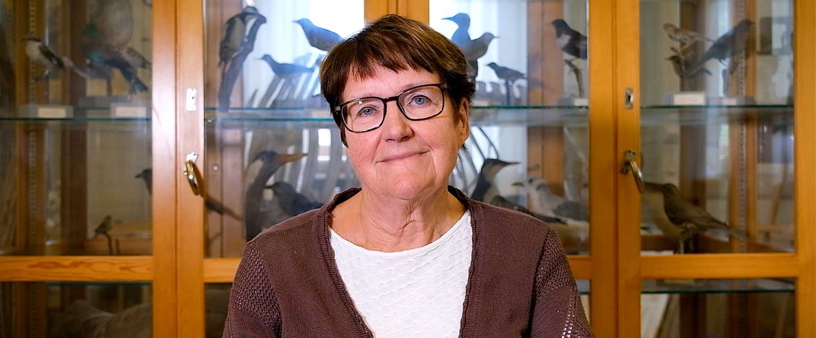 Signild Håkansson har mörkbrunt, kortklipp hår med lugg. Hon bär glasögon och en brun kofta över en vit tröja. Hon sitter framför ett stort displayskåp där man kan skymta uppstoppade fåglar. 