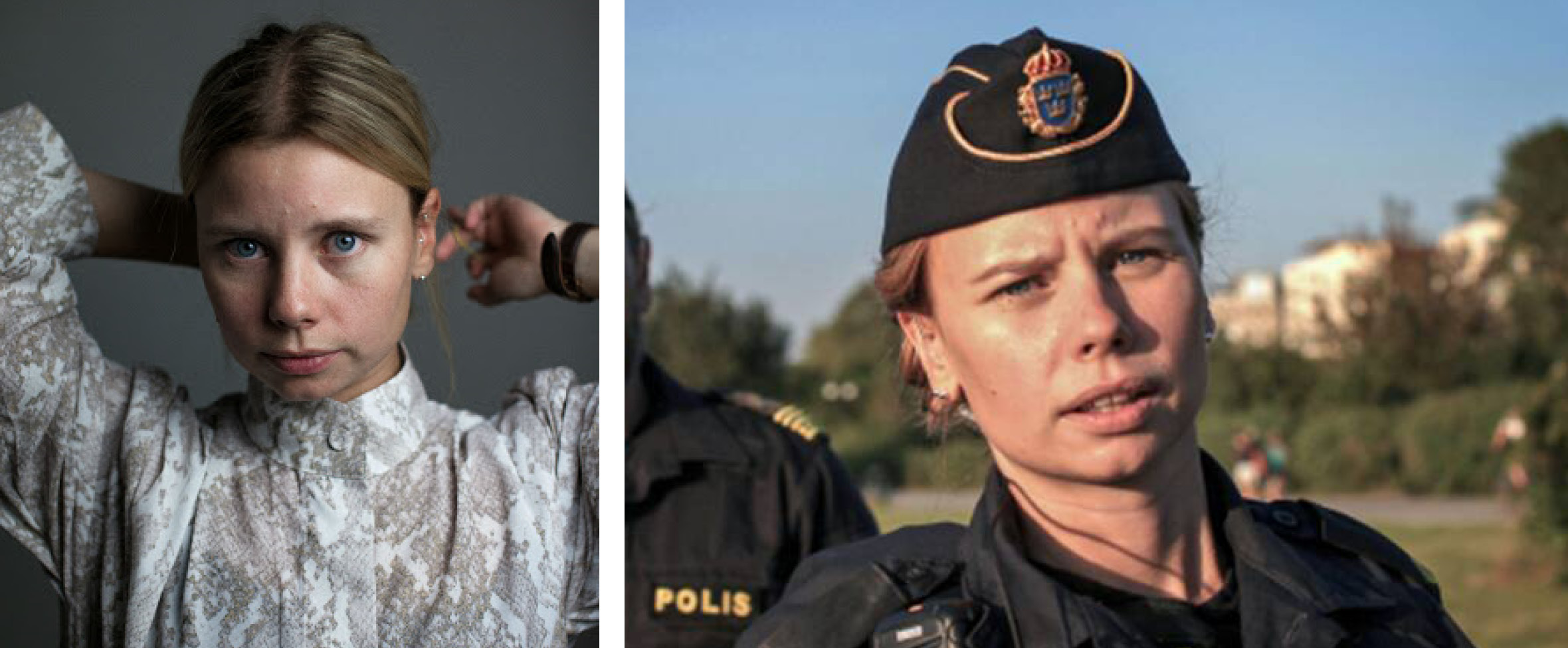 Kollage: till vänster blond kvinna i vit skjorta. Till höger samma blonda kvinna men i polisuniform.
