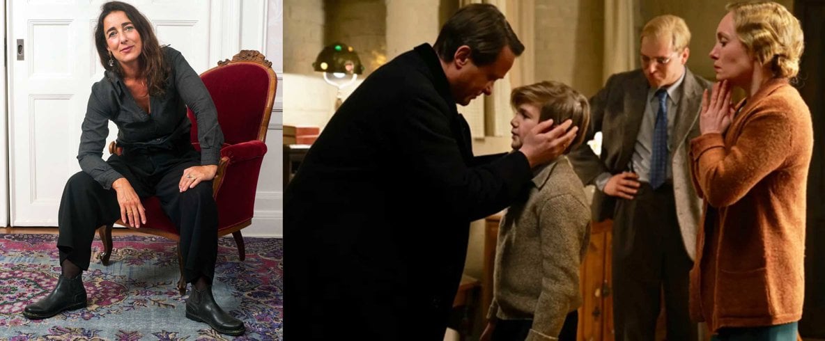 Två bilder. Till vänster kvinna bredbent sittande i karmosinröd karmstol. Till höger stillbild ur film: Man i svart kappa lutar sig framåt och håller pojke om kinderna.