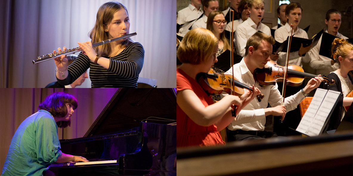 Montage med deltagare som spelar tvärflöjt, piano och stråk.