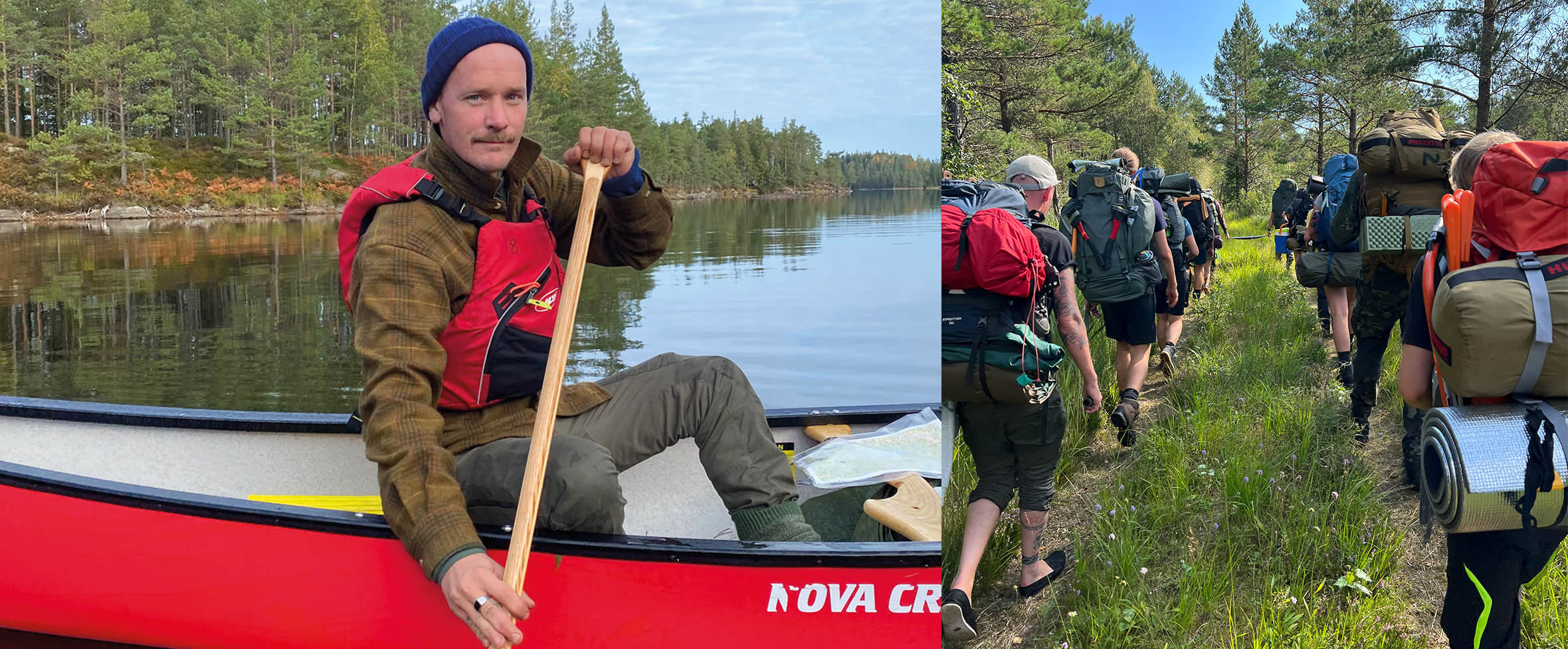 Marcus Jordansson i en kanot. Äventyrsguiderna på vandring i Dalsland.
