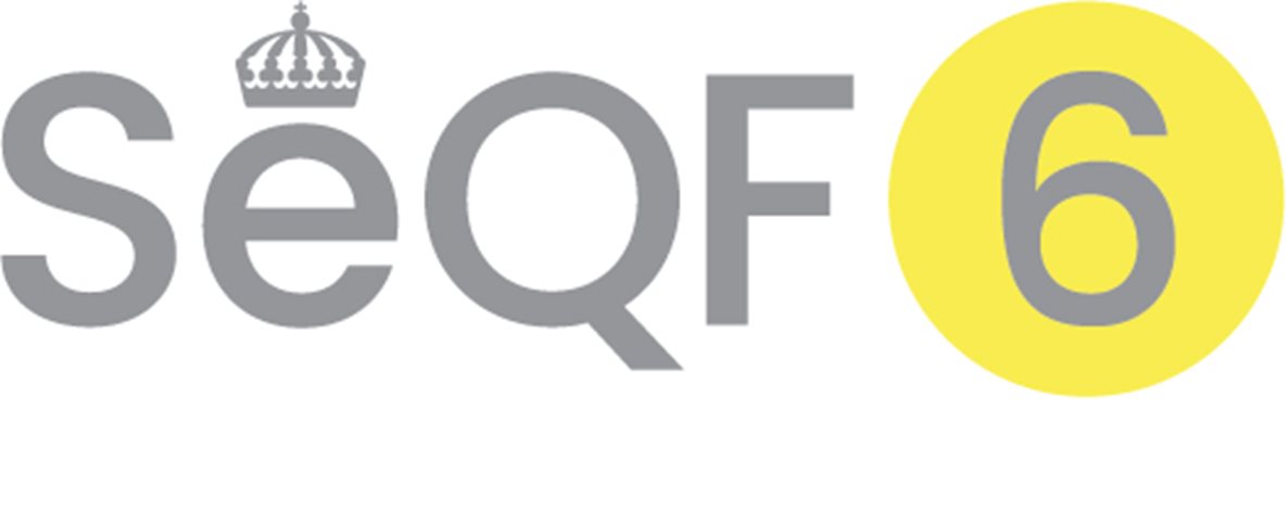 Grå text på vit bakgrund: "SeQF 6". Ovanför "e" finns en grå krona. "6" är innesluten i en helgul cirkel.