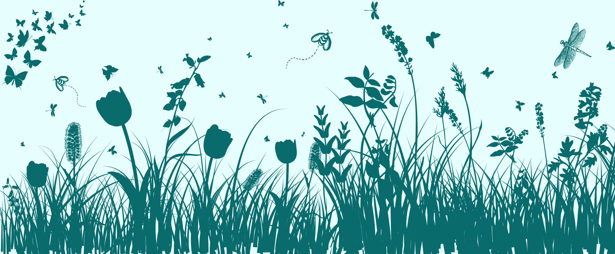 Grafisk bild av en äng med växter och insekter.