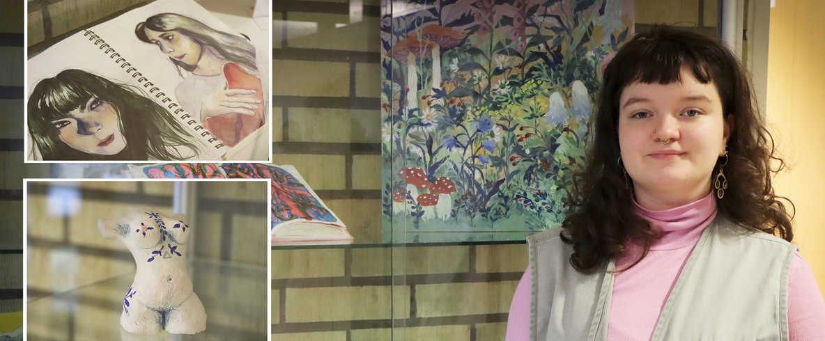 Anna Johansson och några av konstverken hon skapat mellan musikpassen.