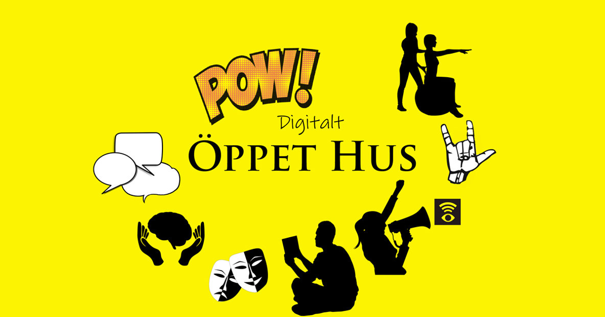 Illustration med gul bakgrund och med texten "Digitalt Öppet Hus" samt siluettsymboler av människor, pratbubblor, syntolkningssymbol, hand som tecknar "jag älskar dig" på ASL etc.