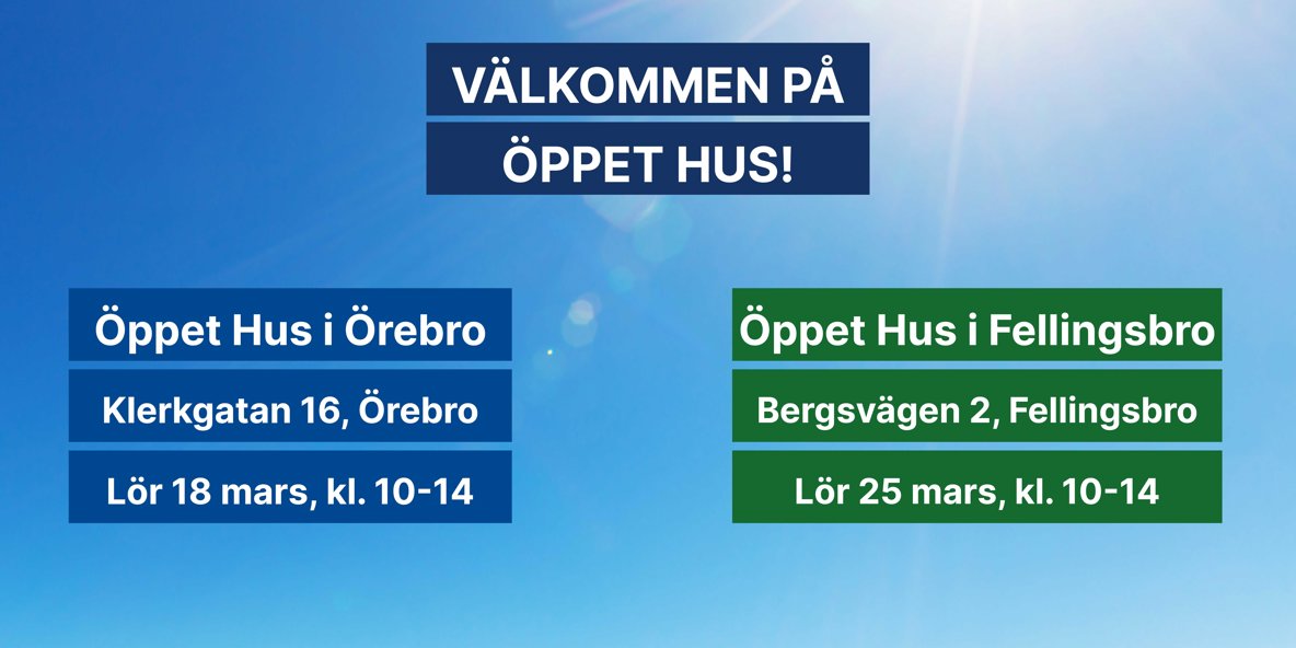 Blå himmel. Text: Välkommen på Öppet Hus!