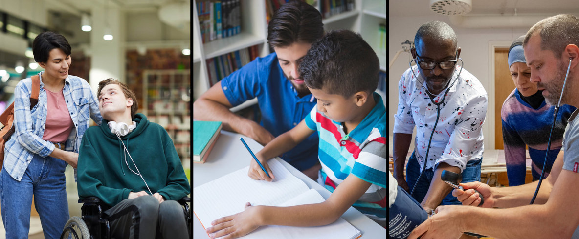 Tre bilder i en. Kvinna kör man i rullstol. Man hjälper liten pojke med skolarbete. Man visar hur man mäter blodtryck.