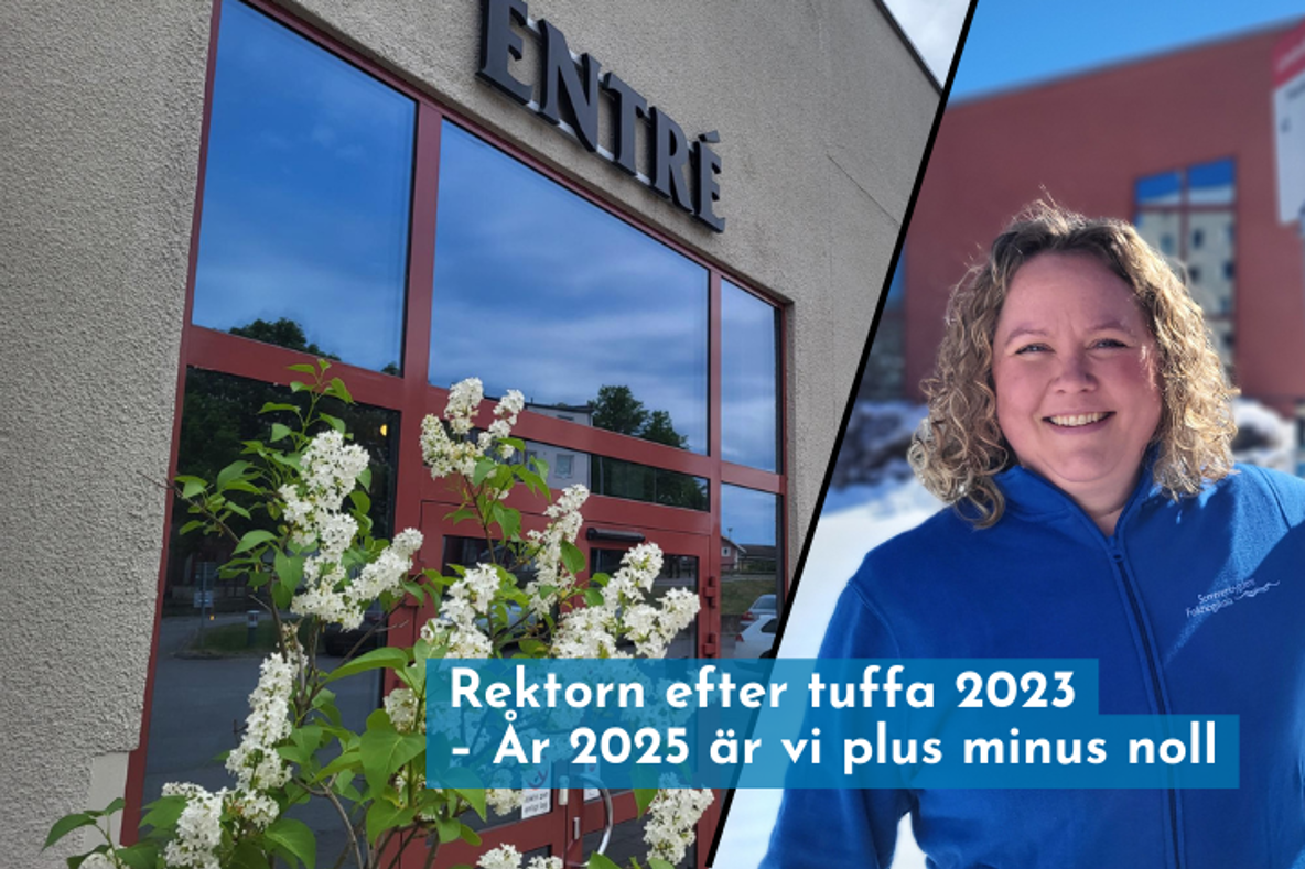 Tvådelad bild. Till vänster ser vi skolans entré. Till höger en kvinna med blont lockigt hår i blå tröja som ler mot kameran.