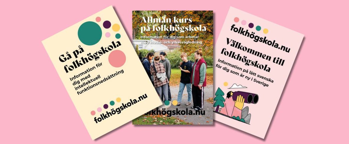 Bild på tre olika broschyrer om folkhögskola.