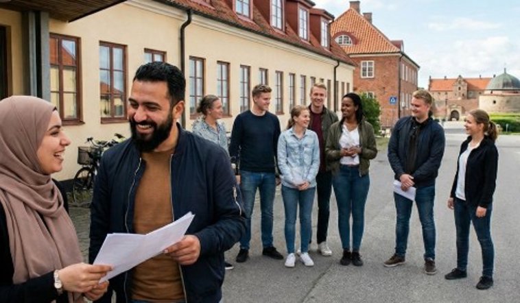 Ett antal personer utanför en byggnad.